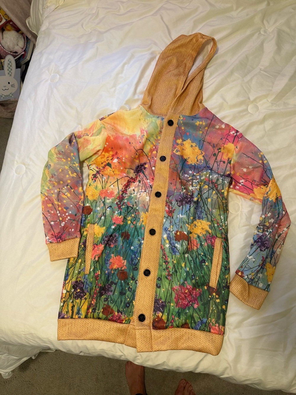Women Multicolor Floral Hooded cardigan  - Peach Trim